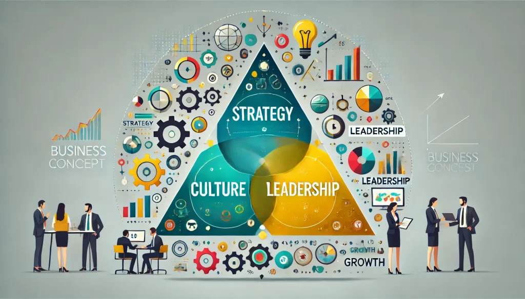 DALL·E 2025-03-27 17.30.08 - A modern business concept infographic featuring a Venn diagram-style triangle structure. The three main sections—Strategy, Culture, and Leadership—are